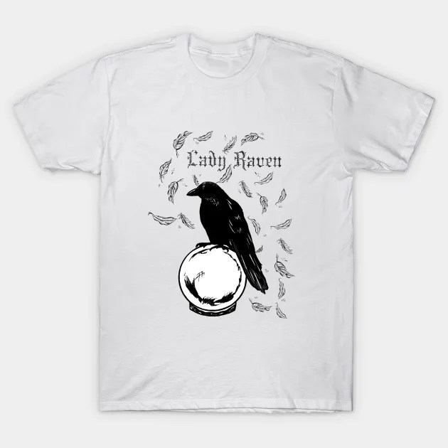this is a black and white image. A raven sits upon a crystal ball. Above it reads: Lady Raven. Feathers fall in the background.