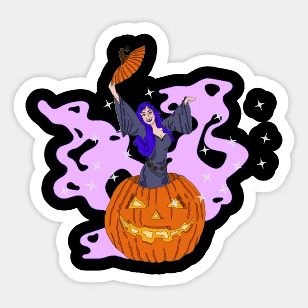 A cartoon Lady Raven bursts out of a giant jack o lantern.