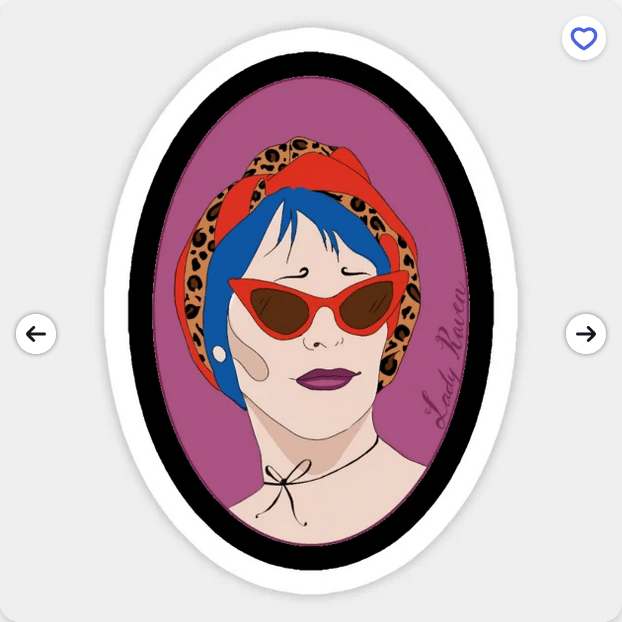 A cartoon drawing of lady raven's face. She has on purple lipstick and is wearing red cat's eye sunglasses. A cheetah print scarf is wrapped around her head.